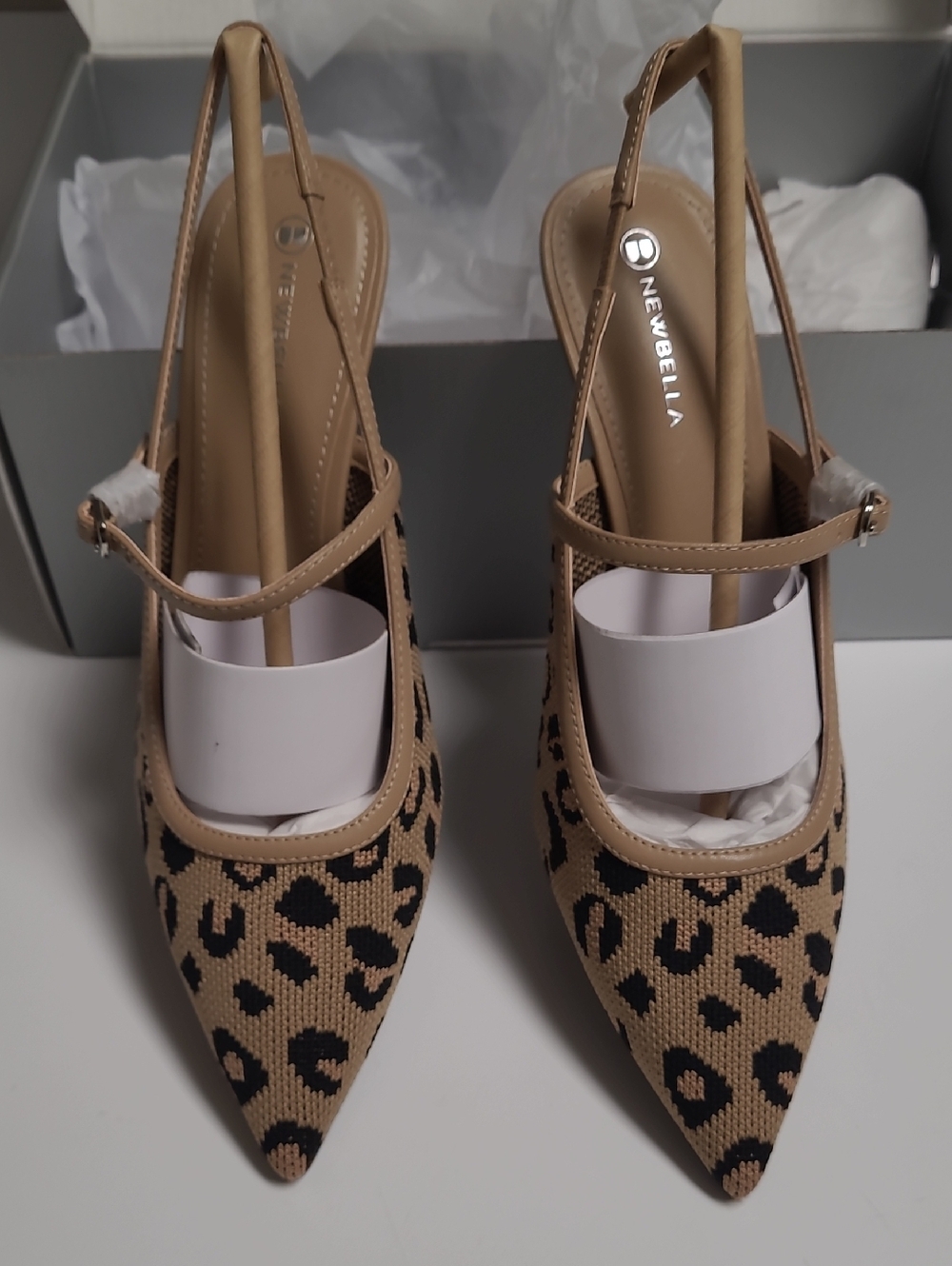 Newbella Beige Leopard Print Slingback Pointed Toe Heels - Size 8